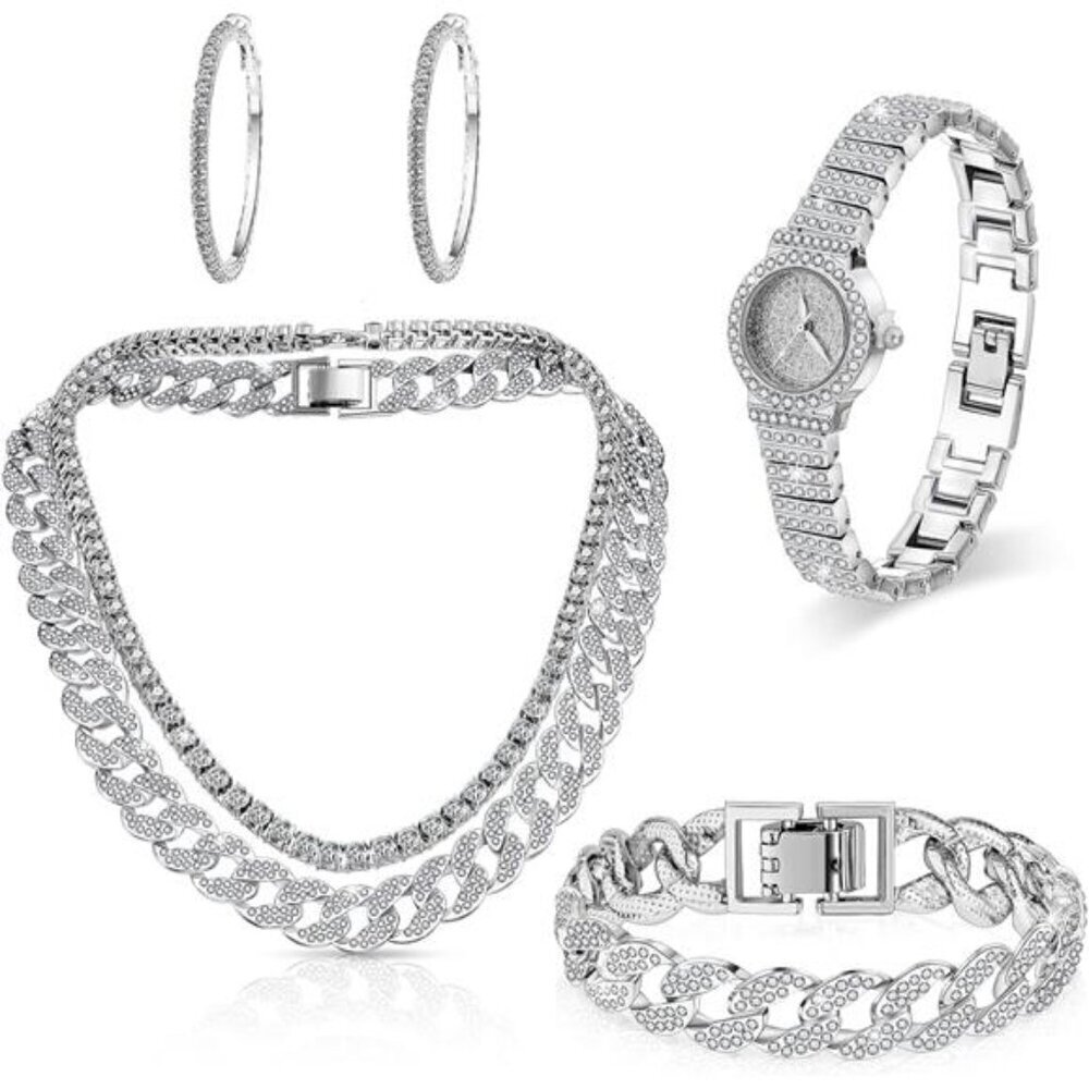 Cuban Link Jewelry Set – Women's 4-Piece Rhinestone Necklace, Bracelet, Earrings